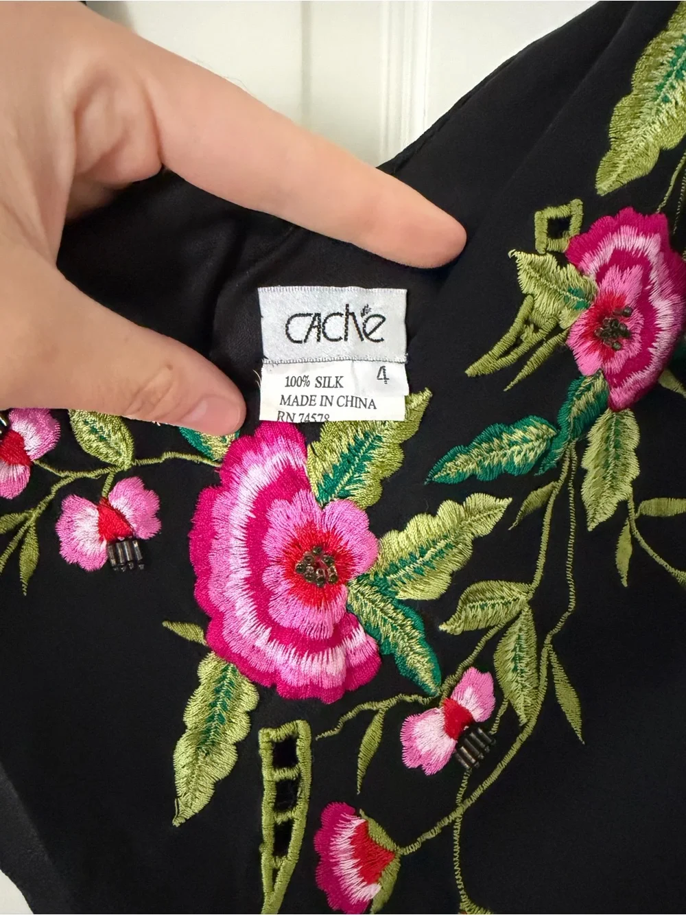 Cache Black Maxi Dress with Pink & Green Floral Embroidery (similar to Sue Wong) - Picture 6 of 6